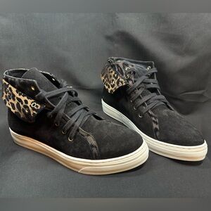 Sarah Flint Leopard Accent Black High-Top Sneakers